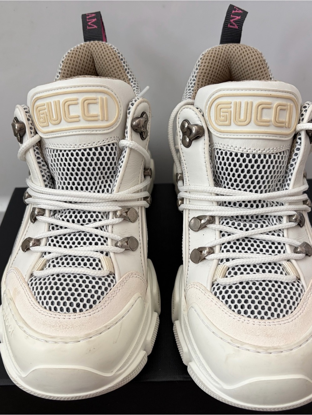 Gucci Cream and White Mesh Platform Sneakers